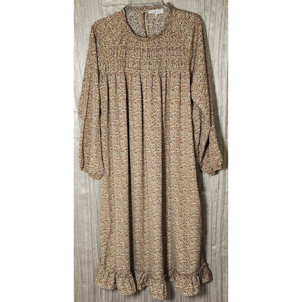 Indigo Soul XL Cottage Dress Brown Yellow Floral Smocked Maxi Long Sleeve Boho